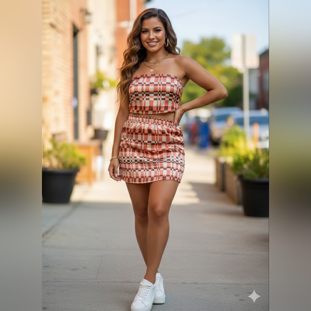 Forever 21 Orange and Black Plaid Shorts with matching sleeveless top.